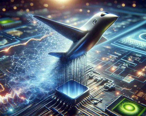 A high-resolution, realistic representation of the concept of unprecedented growth in the AI sector. The image depicts a symbolic representation of NVIDIA, shown as a soaring entity, perhaps a bird or airplane. The background is scattered with elements of Artificial Intelligence such as neural networks, algorithms, and complex data visualizations. The atmosphere around suggest optimism and potential growth.