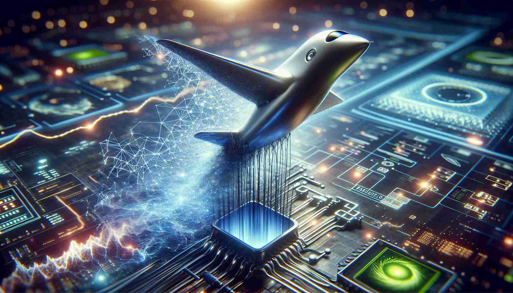 A high-resolution, realistic representation of the concept of unprecedented growth in the AI sector. The image depicts a symbolic representation of NVIDIA, shown as a soaring entity, perhaps a bird or airplane. The background is scattered with elements of Artificial Intelligence such as neural networks, algorithms, and complex data visualizations. The atmosphere around suggest optimism and potential growth.