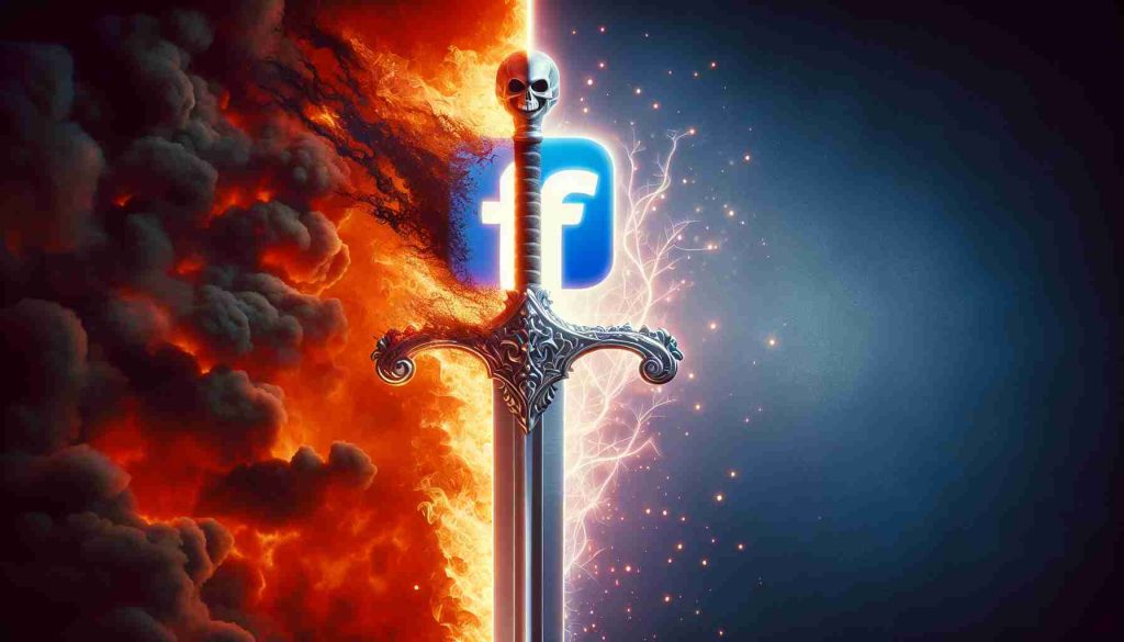 Generate a high definition image illustrating the duality of technology, specifically social media. This image should convey both the positive and negative aspects of social media, represented as a double-edged sword. One edge of the sword could be glowing, signifying the benefits such as connectivity and information sharing that social media platforms provide. The other edge could be engulfed in ominous flames, symbolic of the anxiety and fear they can often ignite locally. Additionally, include elements that show potential solutions or reforms to alleviate these fears.