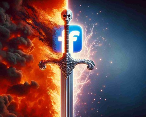 Generate a high definition image illustrating the duality of technology, specifically social media. This image should convey both the positive and negative aspects of social media, represented as a double-edged sword. One edge of the sword could be glowing, signifying the benefits such as connectivity and information sharing that social media platforms provide. The other edge could be engulfed in ominous flames, symbolic of the anxiety and fear they can often ignite locally. Additionally, include elements that show potential solutions or reforms to alleviate these fears.