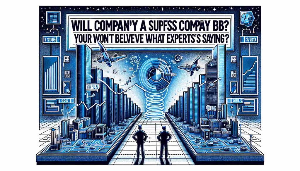 Detailed illustration of a headline reading 'Will Company A Surpass Company B by 2025? You Won't Believe What Experts Are Saying', with a backdrop of data charts and diagrams projecting the growth of two tech companies.