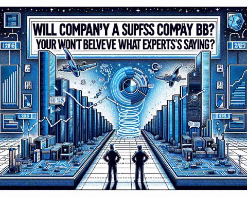 Detailed illustration of a headline reading 'Will Company A Surpass Company B by 2025? You Won't Believe What Experts Are Saying', with a backdrop of data charts and diagrams projecting the growth of two tech companies.