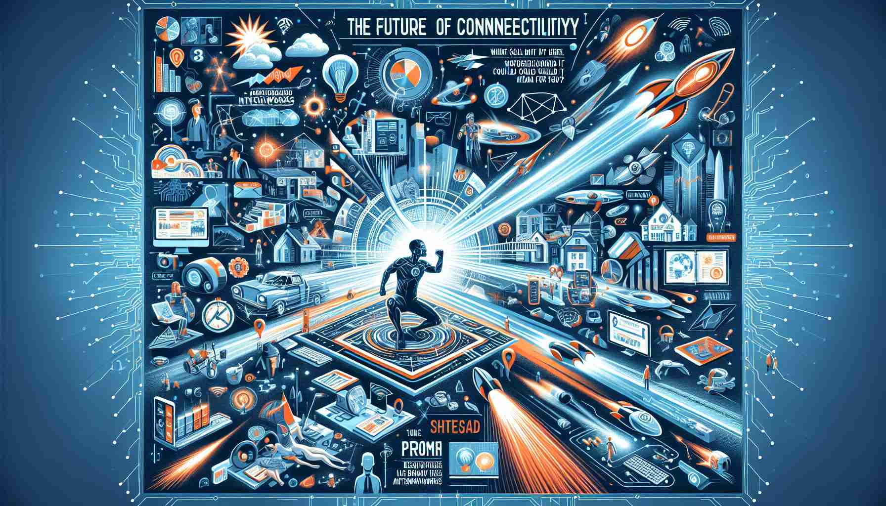 Illustrate an image representing the future of connectivity. The picture should be in high-definition and realistically portray advanced networks of the future. Include elements showcasing futuristic technologies like ultra-high-speed internet, breakthrough gadgets, and interconnected smart homes. Additionally, include visual symbols of personal impact to signify how these breakthroughs could change everyday life. A central part of the image should feature a thought bubble with the words: 'The Future of Connectivity is Here. What Could It Mean for You?'