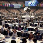 A realistic, high-definition image of a significant conference taking place in India, dedicated to unveiling advancements in the field of satellite meteorology. The scene displays a large conference hall bustling with attendees of various descents. Among them, notable scientists, both females and men with diverse backgrounds such as Caucasian, Middle-Eastern, and South Asian, are prominently featured. They are engaged in lively discussions around models of cutting-edge satellites and on-screen presentations of revolutionary meteorological data analysis.