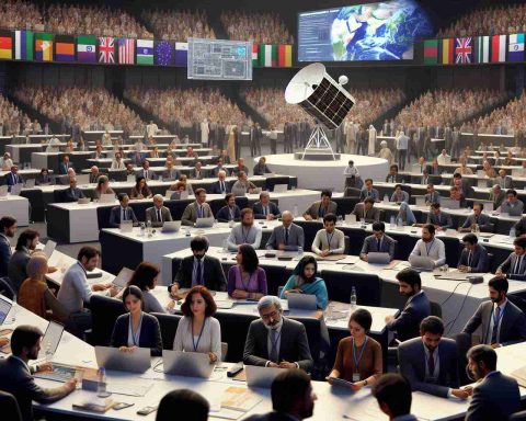 A realistic, high-definition image of a significant conference taking place in India, dedicated to unveiling advancements in the field of satellite meteorology. The scene displays a large conference hall bustling with attendees of various descents. Among them, notable scientists, both females and men with diverse backgrounds such as Caucasian, Middle-Eastern, and South Asian, are prominently featured. They are engaged in lively discussions around models of cutting-edge satellites and on-screen presentations of revolutionary meteorological data analysis.