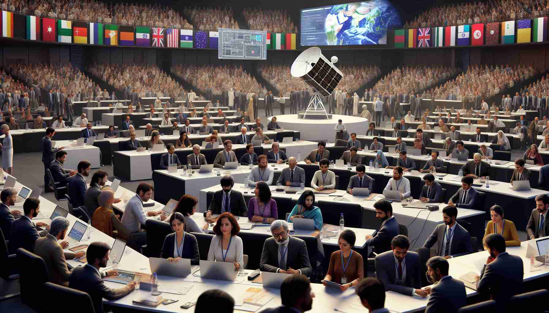 A realistic, high-definition image of a significant conference taking place in India, dedicated to unveiling advancements in the field of satellite meteorology. The scene displays a large conference hall bustling with attendees of various descents. Among them, notable scientists, both females and men with diverse backgrounds such as Caucasian, Middle-Eastern, and South Asian, are prominently featured. They are engaged in lively discussions around models of cutting-edge satellites and on-screen presentations of revolutionary meteorological data analysis.