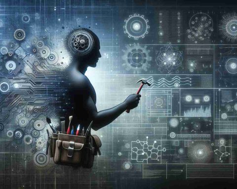 Detailed conceptional image of a person representing innovation reshaping the field of data engineering. The person could be of Black descent having a modern futuristic holster with tools symbolizing advancement in technology. In the background, there could be complex algorithms, dynamic data patterns and flowcharts showcasing the portrayal of decoding or unlocking data secrets. Everything is bathed in a soft electronic glow to signify innovation in a high-definition format.