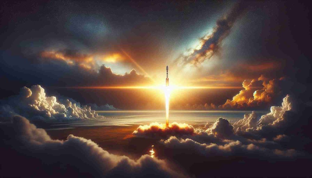 Generate a high-quality, realistic image representing a dramatic morning launch. Showcase a privately operated space exploration company's rocket ascending to the skies. The picture captures the moment in vivid detail, from the rocket's fiery exhaust to the early morning backdrop with radiant sunlight breaking through overcast clouds.