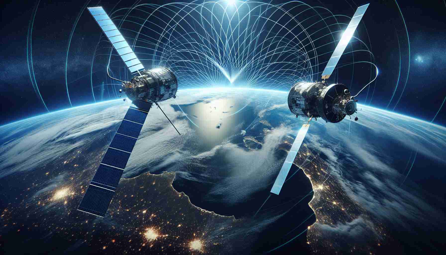 Generate a realistic high-definition image showing the concept of a revolutionary collaboration between two major space companies, symbolically represented as two artificial satellites communicating with each other in Earth's orbit. Present the Earth as viewed from space in the background, demonstrating the global impact of this alliance. Use elements such as radio waves or other forms of transmission to depict the communication. Also, try to depict the impact on Earth observation due to this alliance. Capture the progress in technology and breakthroughs in space exploration.