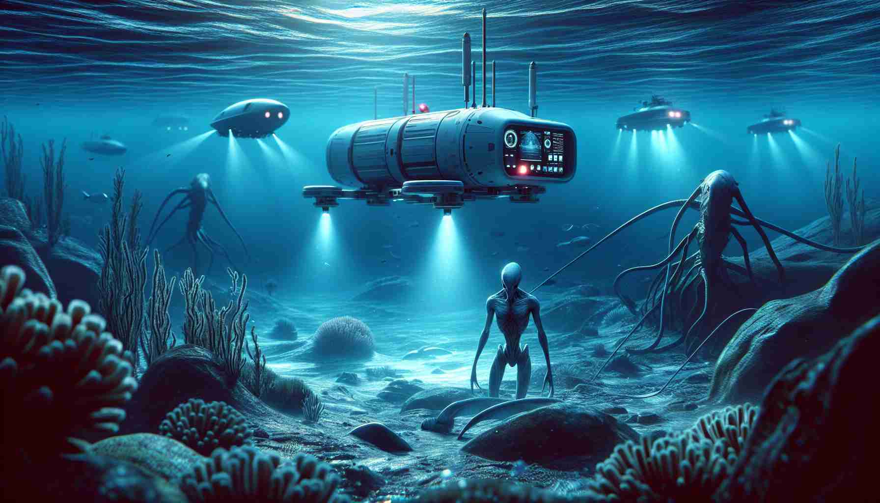 Create a realistic high-definition image depicting a scene of deep-sea exploration. Include advanced technology like sonar systems and remotely operated vehicles discovering extraordinary marine lifeforms. These creatures should appear alien-like, emphasizing the vast and largely uncharted nature of our planet's deepest waters. The nuances of this image should spark thoughts about the unthinkable possibilities of life lurking beneath the surface.