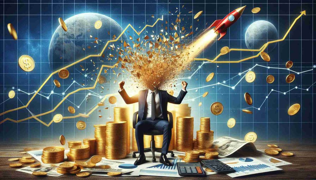 Visual representation of an unprecedented wealth surge symbolized by a businessman who has shattered records. This should be a high-definition, realistic illustration showing charts with skyrocketing lines, a lot of golden coins, and space rockets to signify advancements in technology.