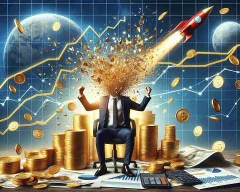 Visual representation of an unprecedented wealth surge symbolized by a businessman who has shattered records. This should be a high-definition, realistic illustration showing charts with skyrocketing lines, a lot of golden coins, and space rockets to signify advancements in technology.