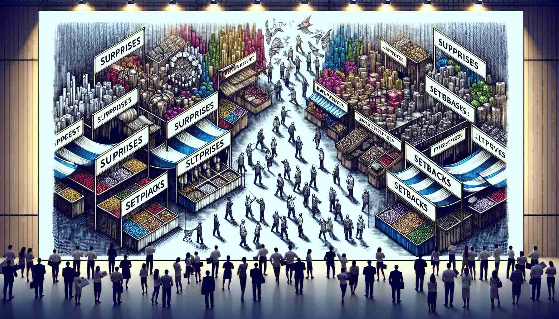 Visualize an ultra-high definition setting of a metaphorical market consisting of a variety of stalls. The stalls should be divided into two segments, one representing 'surprises' and the other 'setbacks.' 'Surprises' could be symbolized by one group of stalls showcasing unexpected, attractive items like unexpected treasure chests or investor's lucky charms. On the other hand, the 'setbacks' section should have stalls with items like falling stocks or empty wallets to represent the losses in a market. Between the stalls, include a bustling crowd of investors negotiating, buying, and analyzing the items.