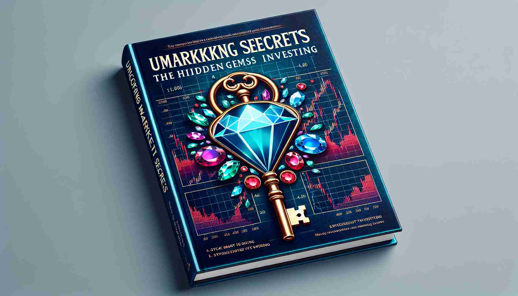 Create a high-definition, realistic image of a finance-themed book cover titled 'Unlocking Market Secrets: The Hidden Gems of Investing'. The cover should feature vivid imagery related to the theme of investment, such as stock market charts, precious gemstones, and an old-style key subtly positioning itself into an abstract lock icon. The title and subtitles should be prominent and appealing while maintaining a professional aesthetic.