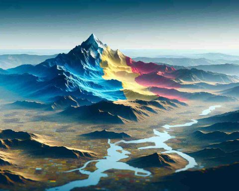 Realistic, high-definition image of a conceptual representation for a shifting political landscape in a European country. It's symbolized by a rising mountain on the right side of the image, indicating an emerging political faction gaining prominence in recent elections. The landscape could be varied with plains, hills, and rivers, subtly exuding the colors of the Romanian flag: blue, yellow and red.