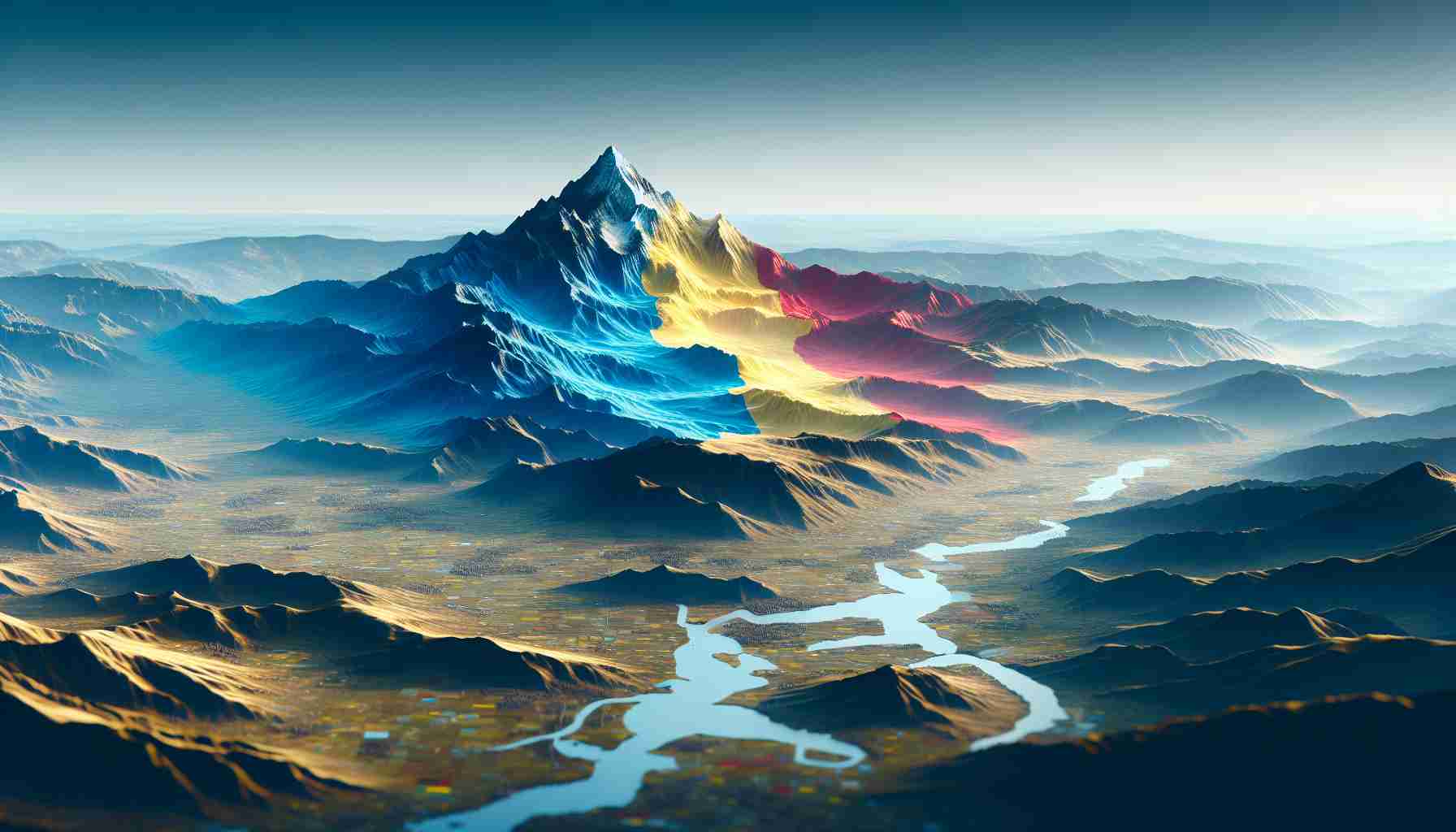 Realistic, high-definition image of a conceptual representation for a shifting political landscape in a European country. It's symbolized by a rising mountain on the right side of the image, indicating an emerging political faction gaining prominence in recent elections. The landscape could be varied with plains, hills, and rivers, subtly exuding the colors of the Romanian flag: blue, yellow and red.