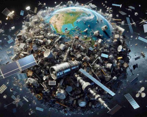 A highly detailed, high-definition image of the current issue of space clutter, often referred to as the 'Space Junk Crisis'. This should showcase a variety of decommissioned satellites, defunct rocket parts, and other miscellaneous debris orbiting around the Earth, creating a congested environment. In contrast, visualize the future of communication in space, called 'Satellite Revolution', by depicting high-tech, sleek satellites with advanced technology, positioned strategically in neat orbits to optimize communication and minimize clutter. Earth should be visible in the background, emphasizing the bottleneck between our habitat and the cosmos.