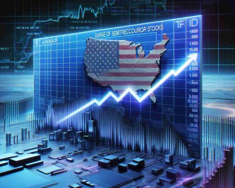 A high-definition, realistic illustration showcasing metaphorically the surge of semiconductor stocks. The image should represent a stock market graph with an ascending line which symbolizes the rise of semiconductor stocks. The background contains imagery showing imaginary borders or barriers to represent the new U.S restrictions on China, like a symbolic wall or blocked gateway.