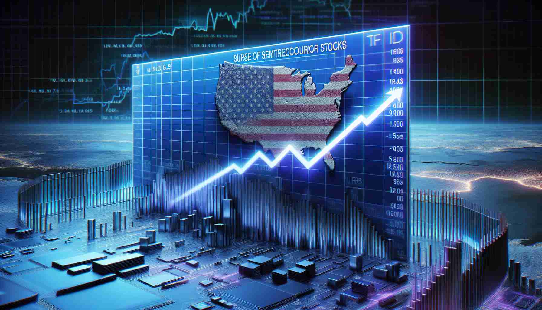 A high-definition, realistic illustration showcasing metaphorically the surge of semiconductor stocks. The image should represent a stock market graph with an ascending line which symbolizes the rise of semiconductor stocks. The background contains imagery showing imaginary borders or barriers to represent the new U.S restrictions on China, like a symbolic wall or blocked gateway.