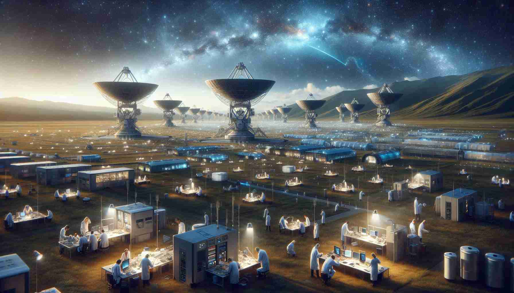 A realistic, high-definition image depicting the emergence of a new frontier in space innovation, located in the south-central region of the United Kingdom. The scene portrays advanced space research facilities, cutting-edge satellite antennas, high-tech laboratories filled with multiracial teams of male and female scientists and engineers engrossed in their work, under the vast skies frequently painted with the otherworldly glow of distant galaxies and space phenomena.