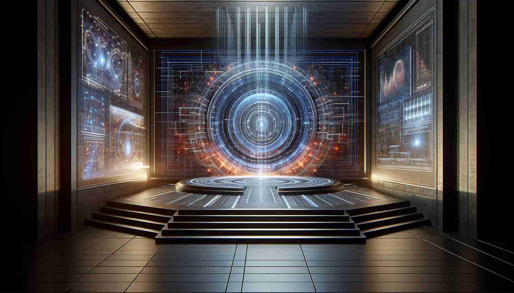 A hyper-realistic image in high definition presenting a conceptual center stage for innovative technologies. The design symbolizes the future of computing with abstract algorithmic visualizations and high tech devices being unveiled and displayed.