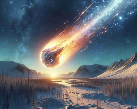 Generate a realistic HD image depicting a spectacular space event. Visualize an asteroid showdown where a dazzling fireball streaks across the sky over a snow-covered Siberian landscape. The scene should convey the awe-inspiring beauty of the harmless celestial event.