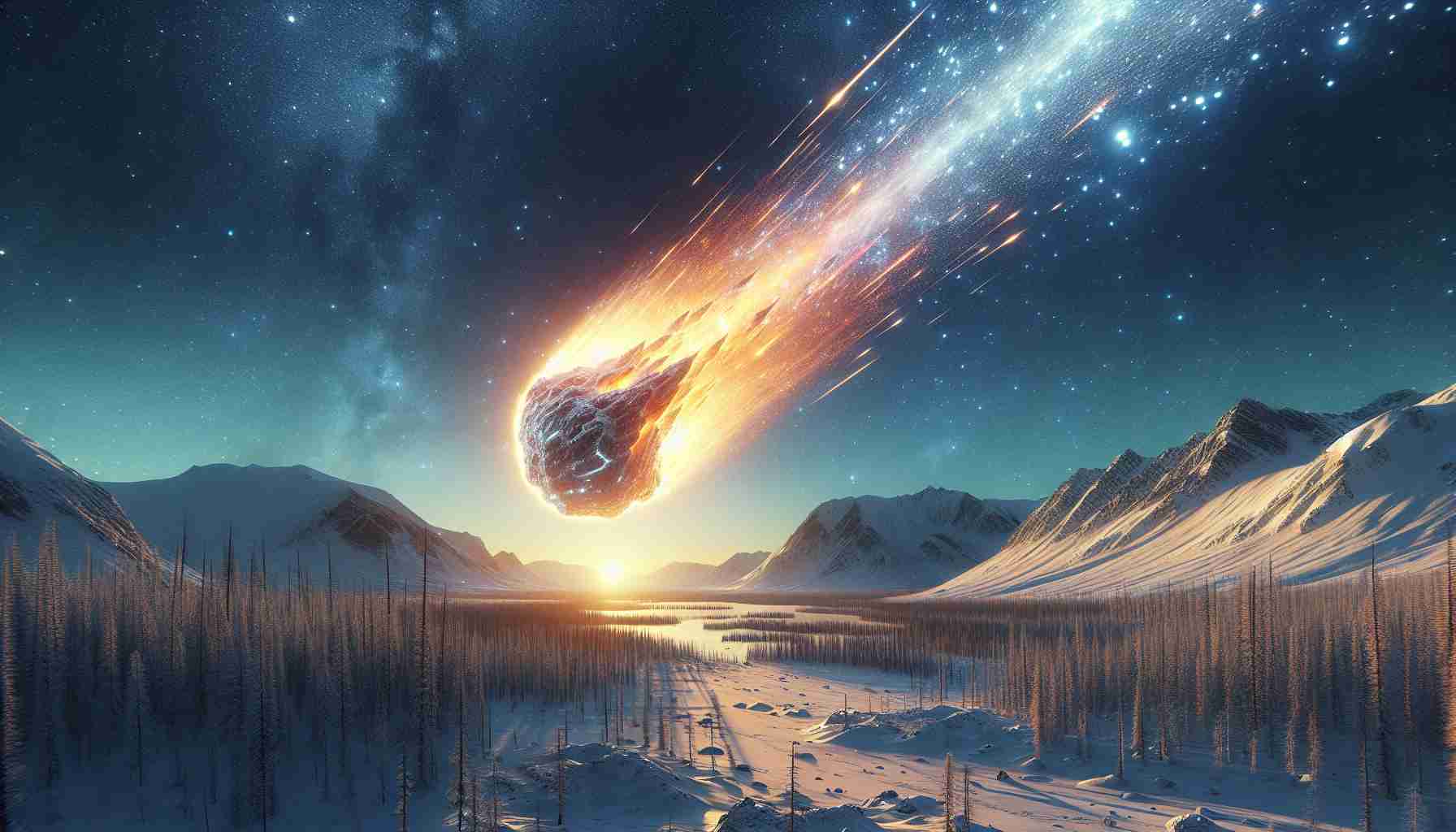 Generate a realistic HD image depicting a spectacular space event. Visualize an asteroid showdown where a dazzling fireball streaks across the sky over a snow-covered Siberian landscape. The scene should convey the awe-inspiring beauty of the harmless celestial event.