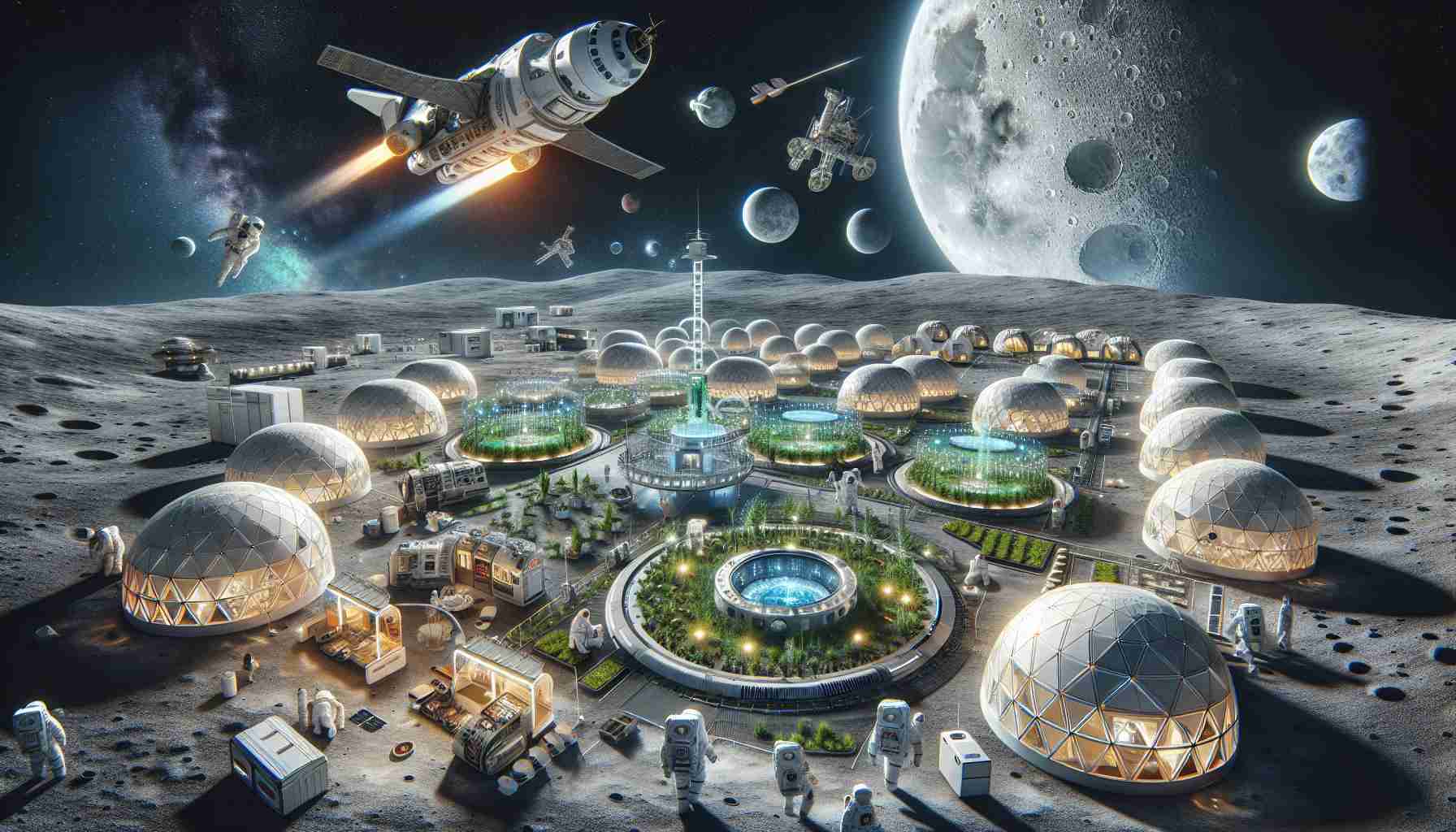 A hyper-realistic illustration in high definition visualizing a conceptual scenario titled 'Rocketing Towards Lunar Time: The Quest for a Standard on the Moon'. Picture a futuristic lunar settlement with eco-domes and various types of scientific and residential modules. Above, an advanced spacecraft is in the process of landing, demonstrating progressive space travel technology. Astronauts of different genders and descents (Caucasian, Hispanic, Black, Middle-Eastern, South Asian, White) are seen busy in their lunar activities, capturing the essence of humanity's relentless exploration and quest for knowledge about the lunar time standard.