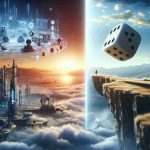 A realistic high-definition image depicting a metaphorical scene of a gamble. On one side, there is a vision of advanced technology representing 'The Next Big Frontier', filled with futuristic gadgets and innovative structures. On the other side, there's a realistic image of a giant dice perched precariously on the edge of a cliff, emphasizing the risk and uncertainty associated with public health gambles. In the background, the vast horizon transitions from a bright, promising day on the 'Frontier' side to a dark, stormy night on the 'Gamble' side, exemplifying the contrast between optimism and anxiety.