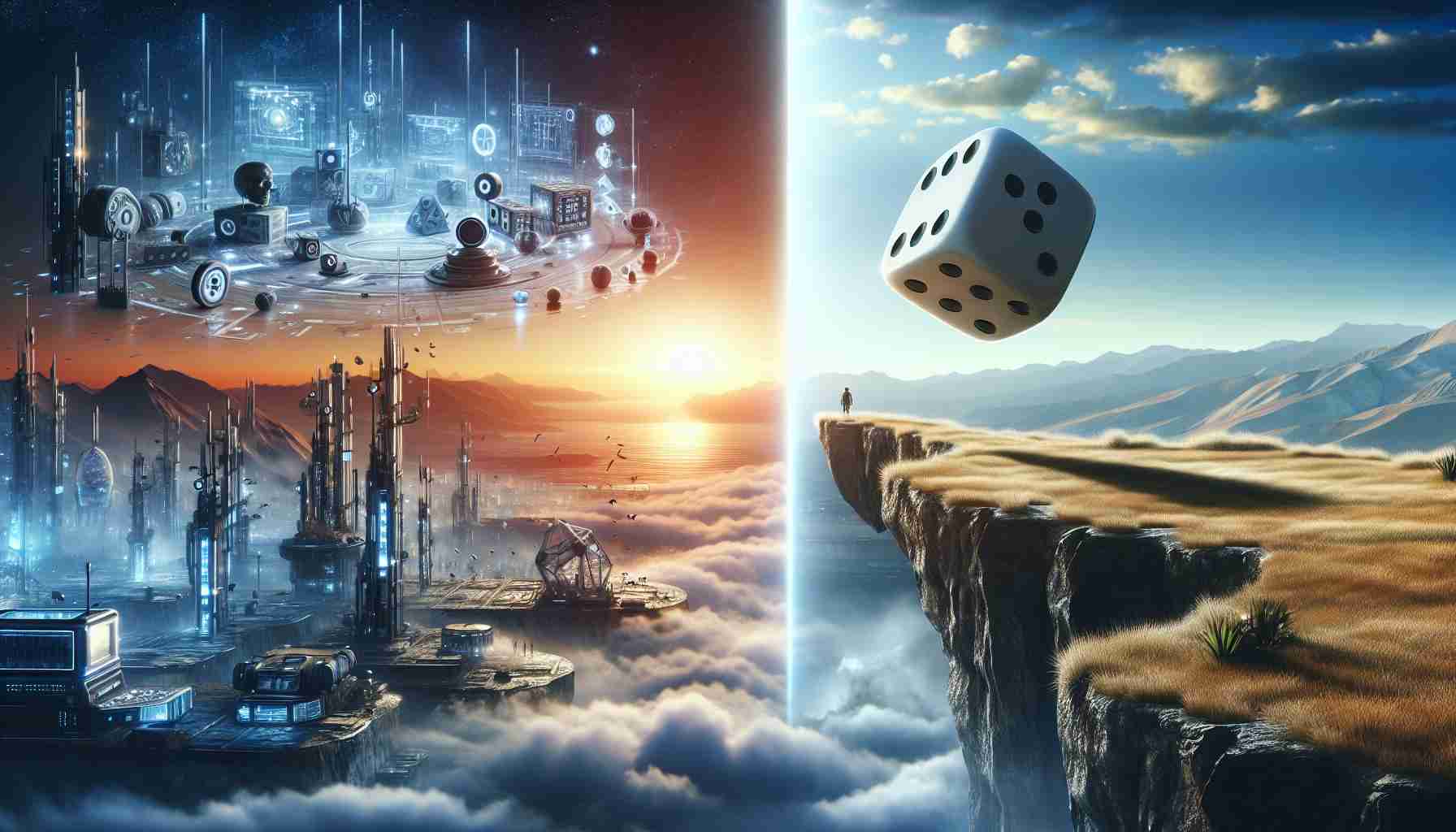 A realistic high-definition image depicting a metaphorical scene of a gamble. On one side, there is a vision of advanced technology representing 'The Next Big Frontier', filled with futuristic gadgets and innovative structures. On the other side, there's a realistic image of a giant dice perched precariously on the edge of a cliff, emphasizing the risk and uncertainty associated with public health gambles. In the background, the vast horizon transitions from a bright, promising day on the 'Frontier' side to a dark, stormy night on the 'Gamble' side, exemplifying the contrast between optimism and anxiety.