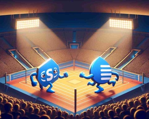 Represent the competition between two major chipmaking companies, visualizing it as a grand sports event. Imagine two symbolic mascots, one representing each firm, facing off in an energetic duel. The setting is a grand, well-lit arena filled with a roaring crowd. The mood should be intense but friendly, symbolizing the spirit of healthy competition. Please avoid using specific logos. Make it a detailed, high-definition illustration.