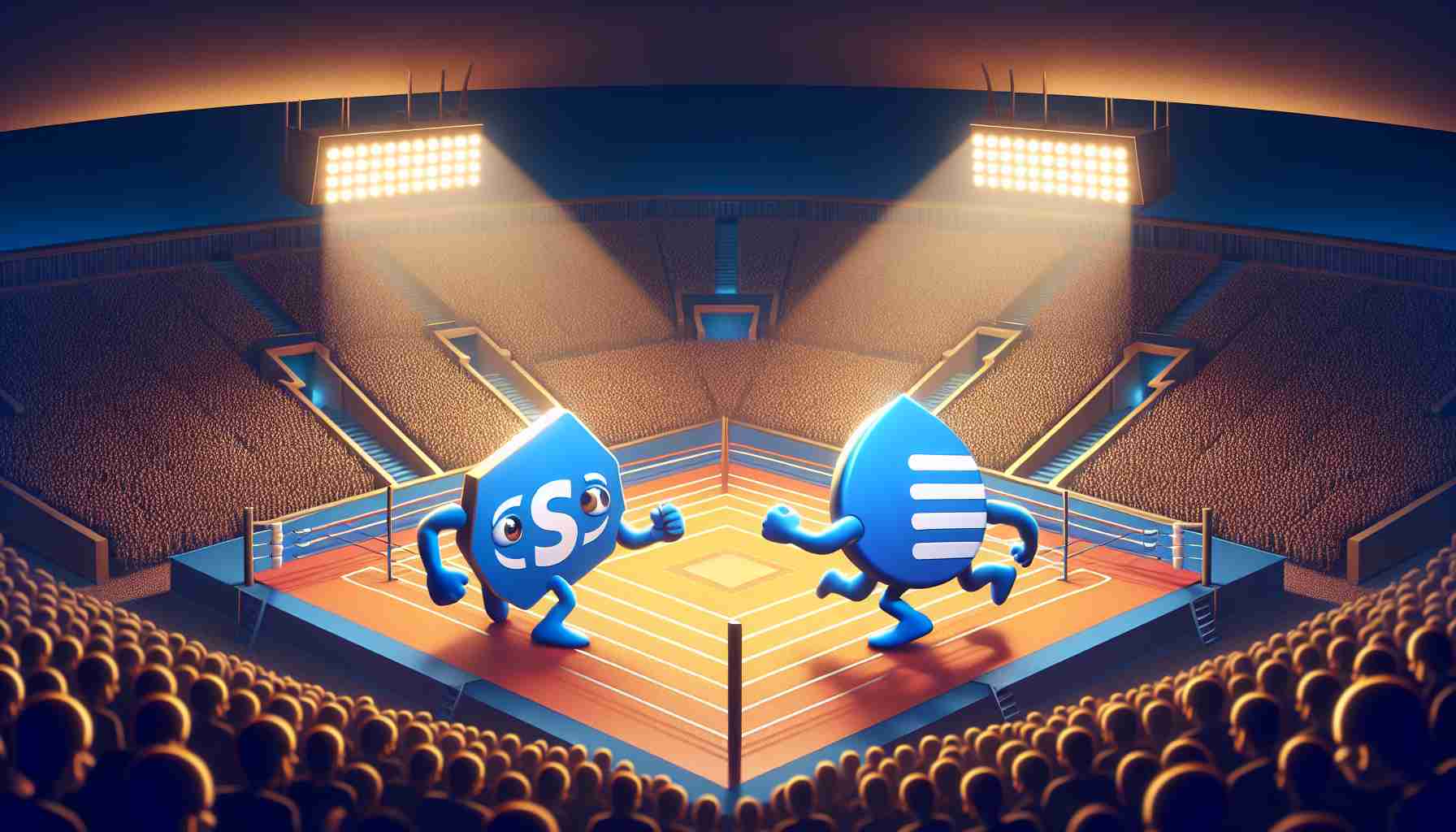 Represent the competition between two major chipmaking companies, visualizing it as a grand sports event. Imagine two symbolic mascots, one representing each firm, facing off in an energetic duel. The setting is a grand, well-lit arena filled with a roaring crowd. The mood should be intense but friendly, symbolizing the spirit of healthy competition. Please avoid using specific logos. Make it a detailed, high-definition illustration.