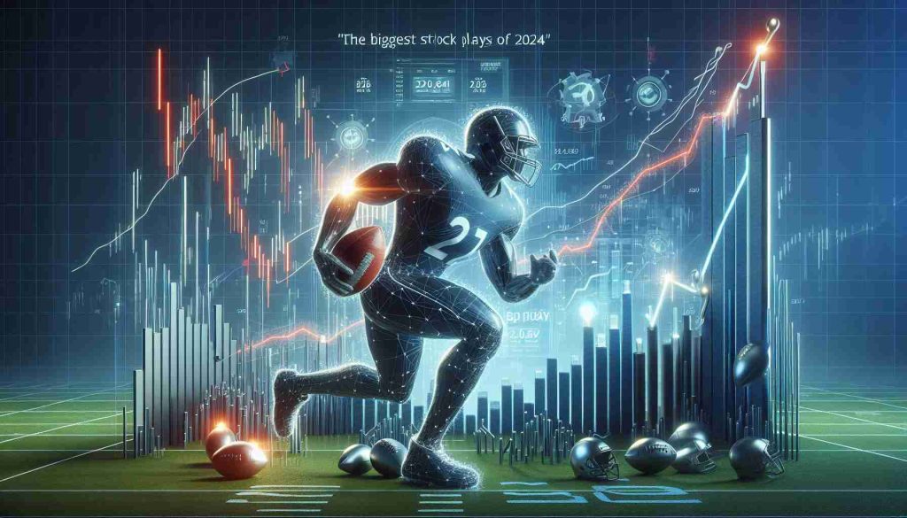 Create a high-quality, realistic image of a conceptual representation showcasing 'The Biggest Stock Play of 2024'. Include elements such as graphs, stock market tickers, and perhaps a metaphorical element like a football player ready to make a big play to signify readiness and strategic action. Please note that this image signifies stock market dynamics and future predictions, not actual people.