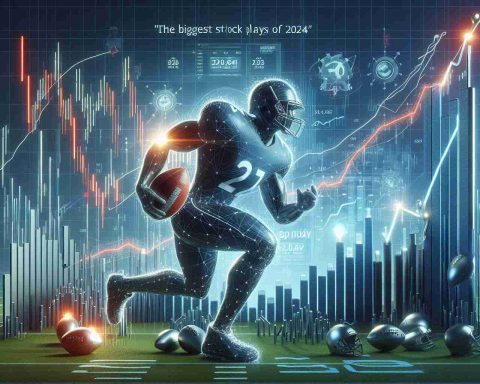 Create a high-quality, realistic image of a conceptual representation showcasing 'The Biggest Stock Play of 2024'. Include elements such as graphs, stock market tickers, and perhaps a metaphorical element like a football player ready to make a big play to signify readiness and strategic action. Please note that this image signifies stock market dynamics and future predictions, not actual people.