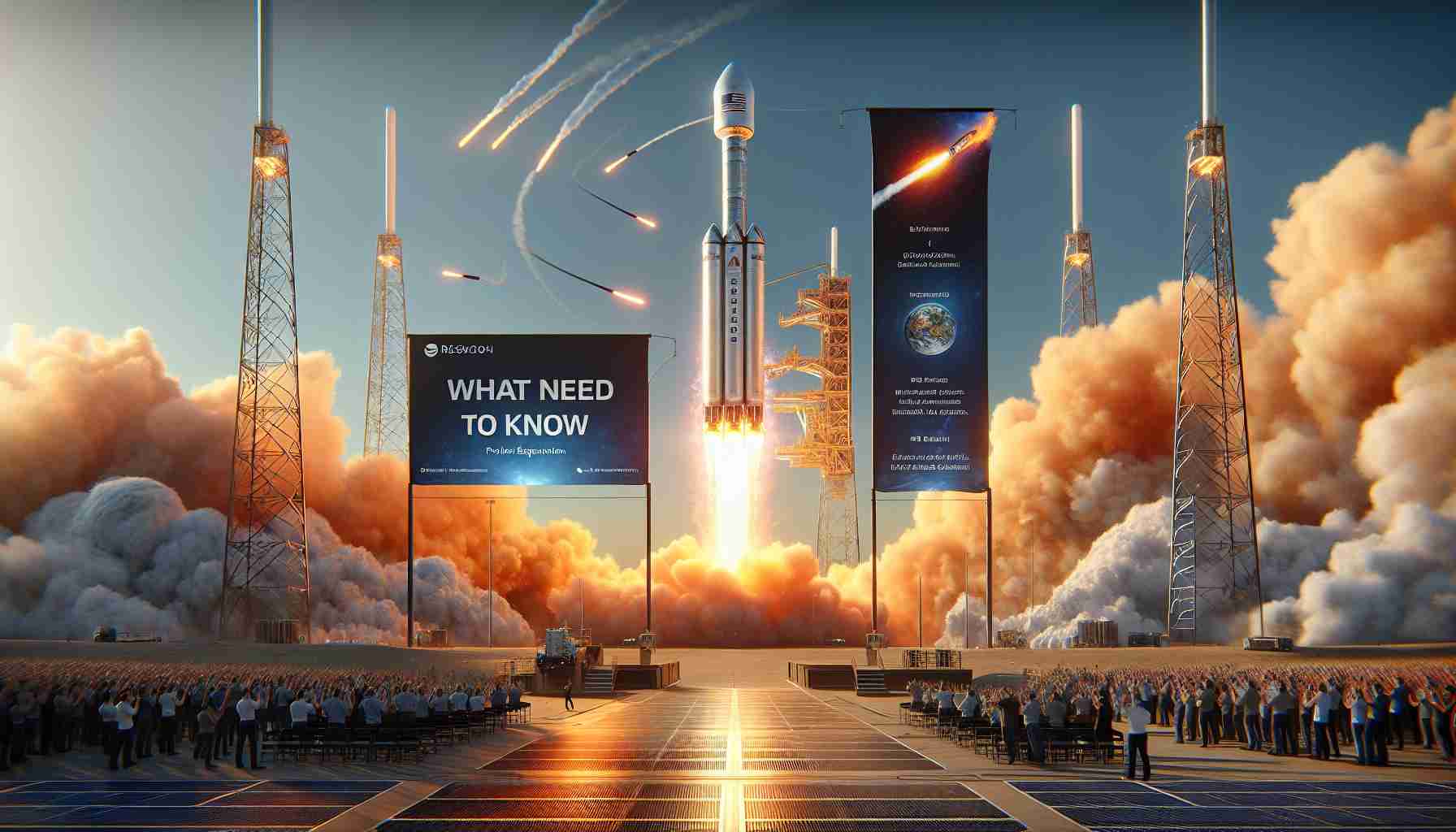 A hyper-realistic, high-definition image depicting the latest milestone launch event from a generic private space exploration company. The scene encapsulates the powerful rocket as it ascends into the clear sky, adorned with vibrant flames and smoke trails behind. Close-ups of the technical details on the rocket body and the associated equipment on the launchpad are deftly included. The anticipation and excitement in the atmosphere are palpable, spectators clapping and marveling at the sight. Banners strewn around the vicinity state: 'What You Need to Know'.