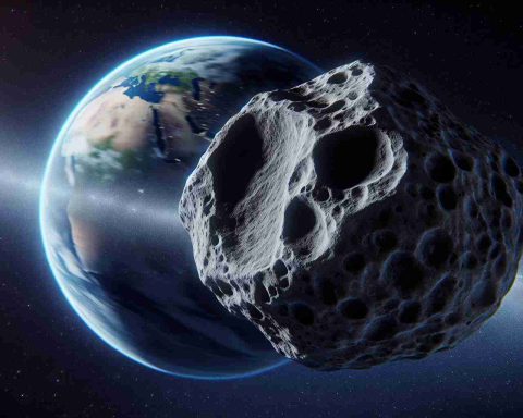 A realistic, high-definition image illustrating a rendering of a large asteroid hurtling towards earth. The perspective is set in outer space, with the asteroid being the focal point. The earth is located in the background. Included in this scene are various details such as stars twinkling in the distance and possibly a glimpse of the sun's rays reflecting off the earth's atmosphere.