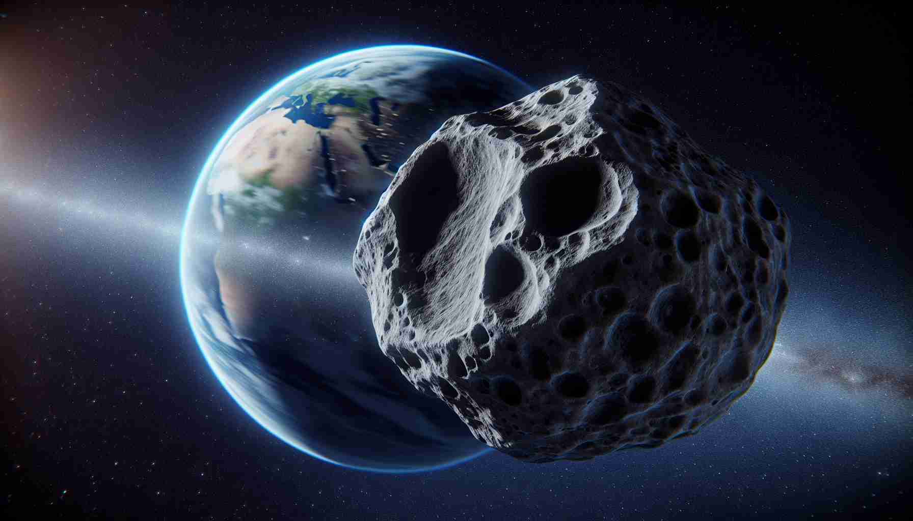 A realistic, high-definition image illustrating a rendering of a large asteroid hurtling towards earth. The perspective is set in outer space, with the asteroid being the focal point. The earth is located in the background. Included in this scene are various details such as stars twinkling in the distance and possibly a glimpse of the sun's rays reflecting off the earth's atmosphere.