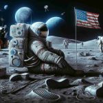 Generate a highly-defined photo-realistic illustration depicting the exploration of lunar legends. This should include symbolic representations of the Apollo Moonwalkers, such as identifiable spacesuits, footprint patterns on the moon's surface, and a flag representing their home. Make sure to create a sense of intrigue and challenge, as if inviting the viewer to identify the individuals behind these legends without directly mentioning any names.