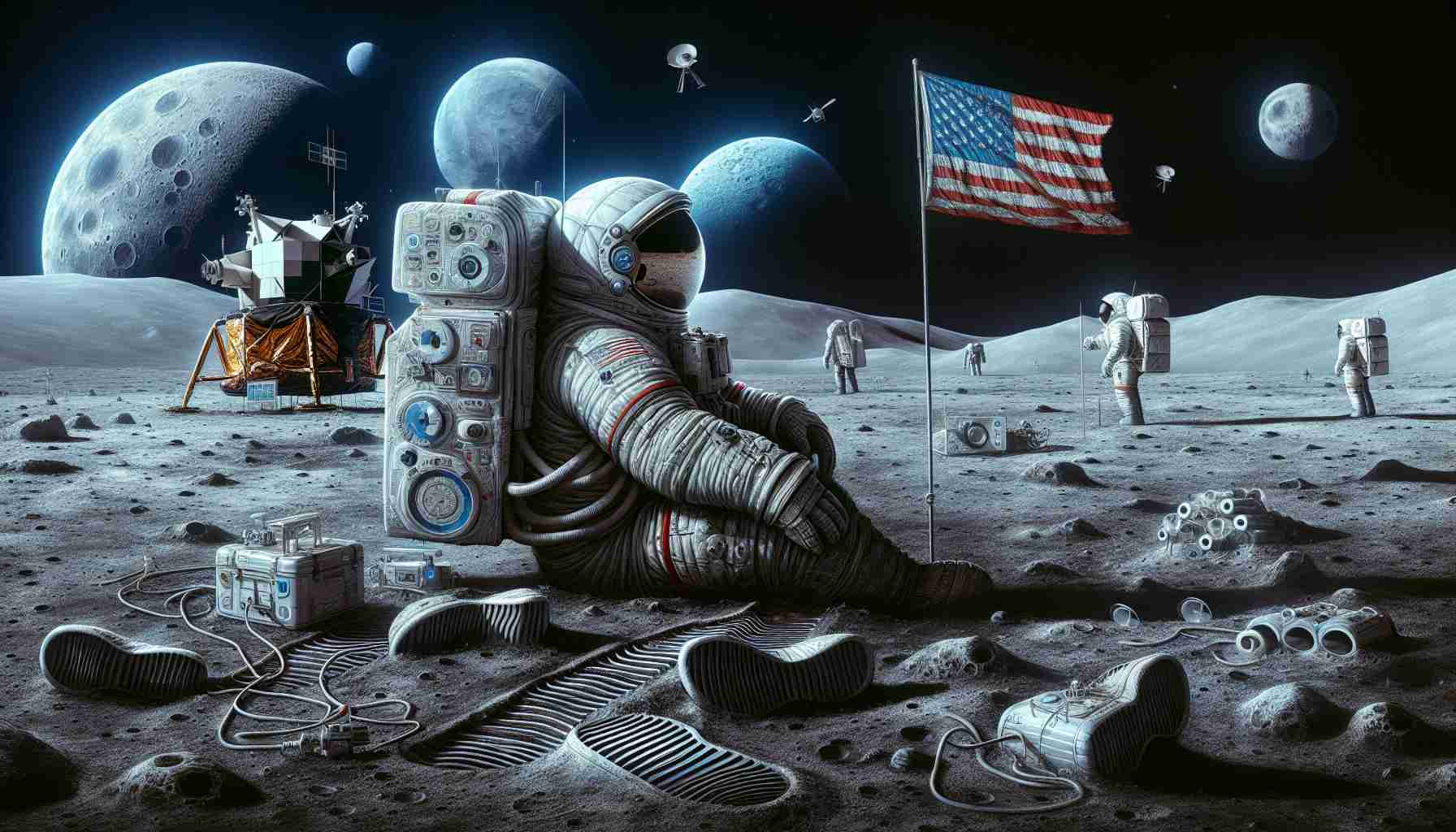 Generate a highly-defined photo-realistic illustration depicting the exploration of lunar legends. This should include symbolic representations of the Apollo Moonwalkers, such as identifiable spacesuits, footprint patterns on the moon's surface, and a flag representing their home. Make sure to create a sense of intrigue and challenge, as if inviting the viewer to identify the individuals behind these legends without directly mentioning any names.