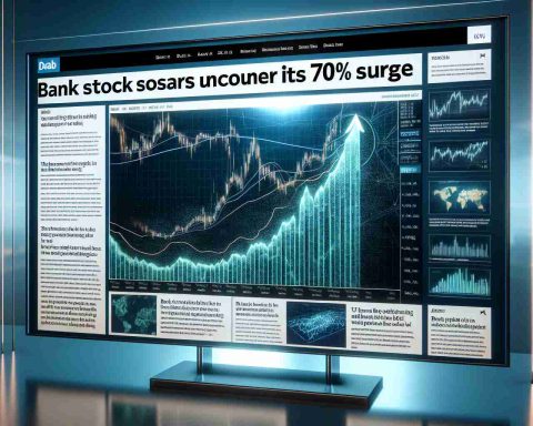 Generate a realistic, high-definition image of a news headline showcasing a significant increase in a bank's stock value. The headline reads 'Bank Stock Soars: Uncover the Secret Behind Its 70% Surge'. The image appears on a digital news platform, filled with financial graphs illustrating an impressive upward trend, along with some paragraphs of the article visible below the headline.