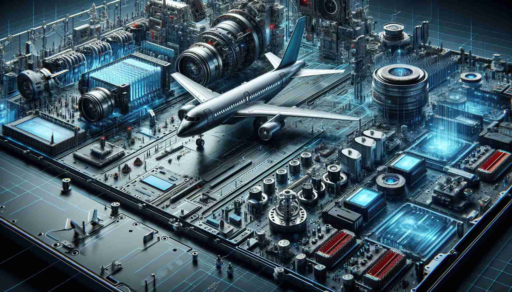 A detailed and realistic image of the inner workings of a modern aircraft, focusing on advanced communication systems. Showcased components include state-of-the-art modems, flight mechanisms, and other technologies. The scene evokes a new era of innovation within defense and economic strategy, suggesting a revolution in aviation.