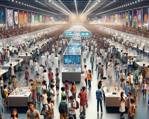 An ultra high-definition, realistic image displaying the event 'Unlocking the Future: Motivating Young Minds' during the International India Science Festival in the year 2024. The scene should portray a bustling science fair filled with innovative experiments and enthusiastic participants comprised of boys and girls of various descents, such as Caucasian, Middle-Eastern, Hispanic, South Asian, and Black, who are keenly engaged in understanding and exhibiting various scientific concepts. An overarching theme of hope and curiosity should dominate the image, reflecting the spirit of the future-motivated young scientists.