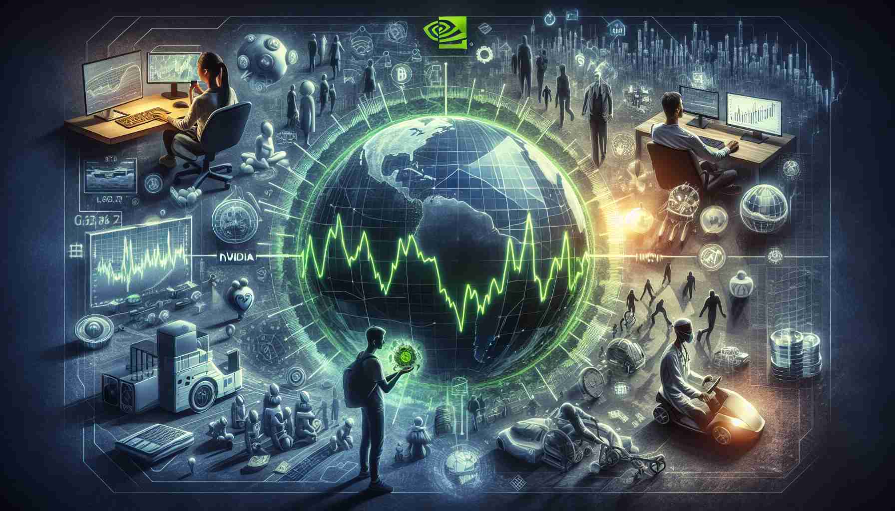 Visual representation of the impact of Nvidia's stock on everyday lives. It should include symbolic elements reflecting the global economic influence of such a high-tech company. For example, an image of a stock graph fluctuating, overlaid on a background of different walks of life - such as a student using a computer for remote learning, a hospital using advanced medical equipment, or a city powered by smart grid technology. All indicating the ripple effects of Nvidia's economic power. Make sure the depiction is detailed and in high-definition.