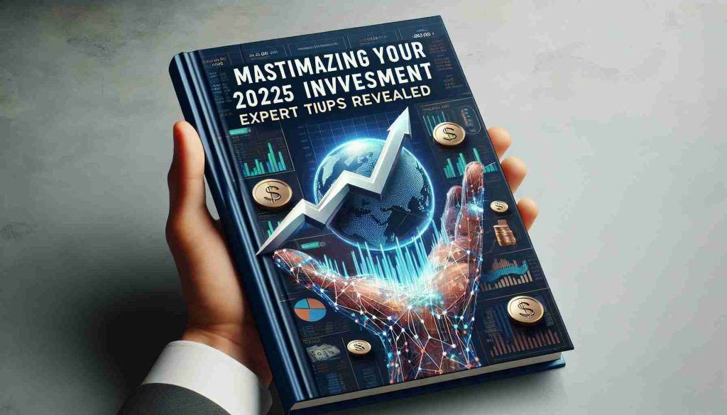 Generate a high-definition, realistic image depicting the cover of a finance book titled 'Maximizing Your 2025 Investment: Expert Tips Revealed'. The cover should include imagery related to investing, such as graphs, money symbols, and a rising arrow, implying growth.