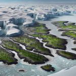 High-definition, realistic image of an unexpected transformation in Antarctica: the barren icy landscapes gradually becoming greener with budding plants and trees. Capture this change over time, perhaps over the seasons or years, emphasizing the contrast between the vast stark white expanses of ice and snow, against the increasing patches of green vegetation, implying a significant shift in the climate and ecosystem of the region.