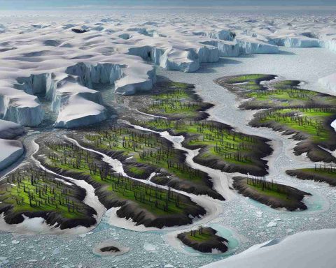 High-definition, realistic image of an unexpected transformation in Antarctica: the barren icy landscapes gradually becoming greener with budding plants and trees. Capture this change over time, perhaps over the seasons or years, emphasizing the contrast between the vast stark white expanses of ice and snow, against the increasing patches of green vegetation, implying a significant shift in the climate and ecosystem of the region.