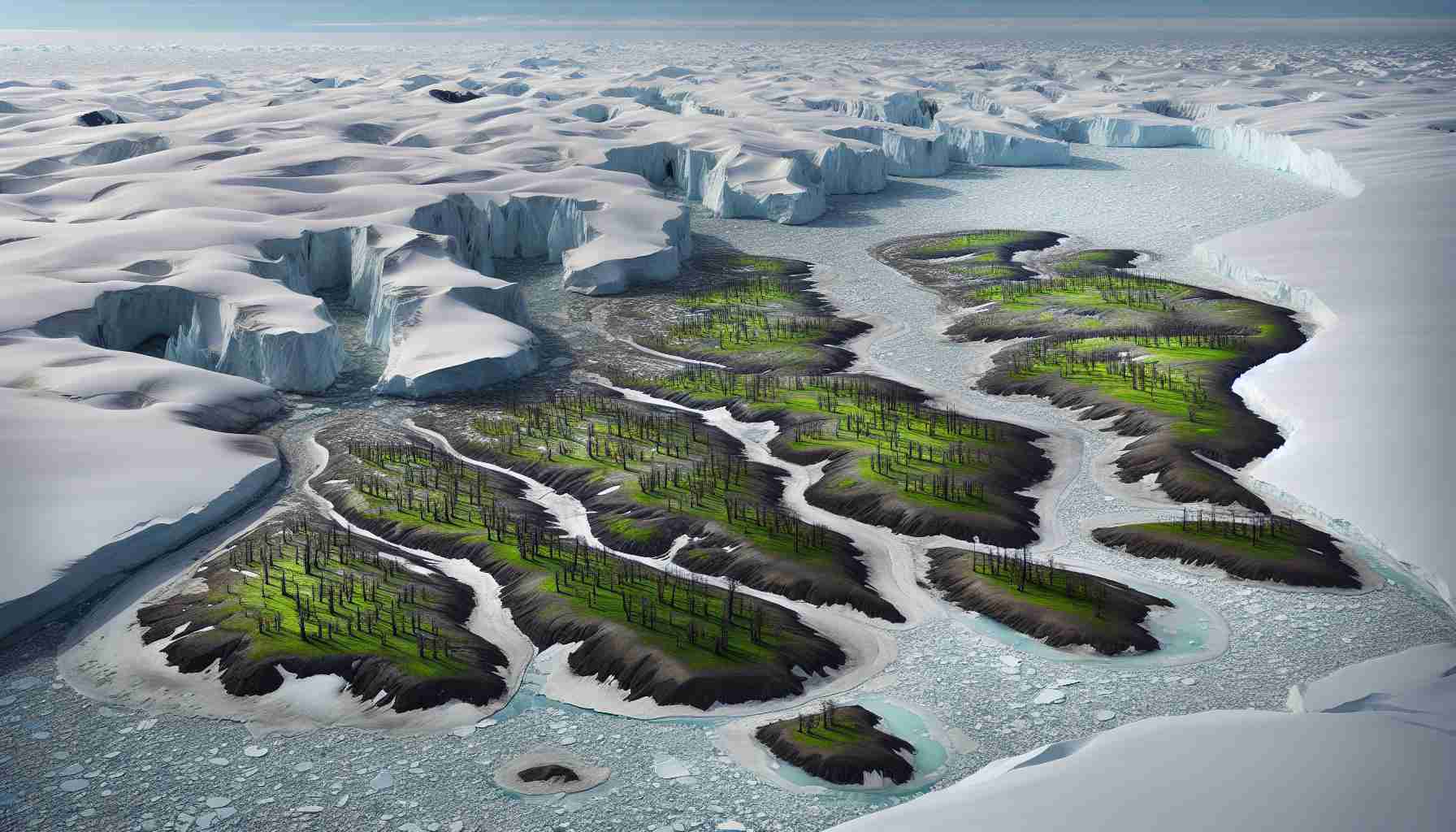 High-definition, realistic image of an unexpected transformation in Antarctica: the barren icy landscapes gradually becoming greener with budding plants and trees. Capture this change over time, perhaps over the seasons or years, emphasizing the contrast between the vast stark white expanses of ice and snow, against the increasing patches of green vegetation, implying a significant shift in the climate and ecosystem of the region.