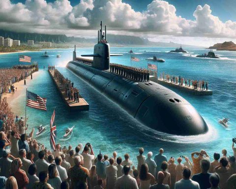 High definition realistic image of a new submarine being added to the fleet in Hawaii. There is a palpable buzz in the atmosphere as people gather to witness the submarine's unveiling. The submarine is sleek and modern, designed for optimum underwater navigation. The ocean provides a breathtaking backdrop, with the Hawaiian shoreline seen in the distance. Celebratory banners are waving in the light island breeze, adding to the overall festive mood. The spectators include men and women of various ages and multiple descents, all exuding excitement.