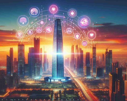 Generate a scene that represents the concept of a futuristic AI company named 'Palantir' reaching new heights, symbolized by a towering skyscraper gleaming amidst a vibrant cityscape at sunset. Surrounding the skyscraper, display various signs and symbols indicating advancement and growth in artificial intelligence. Please ensure the created image is in high definition and appears realistic.