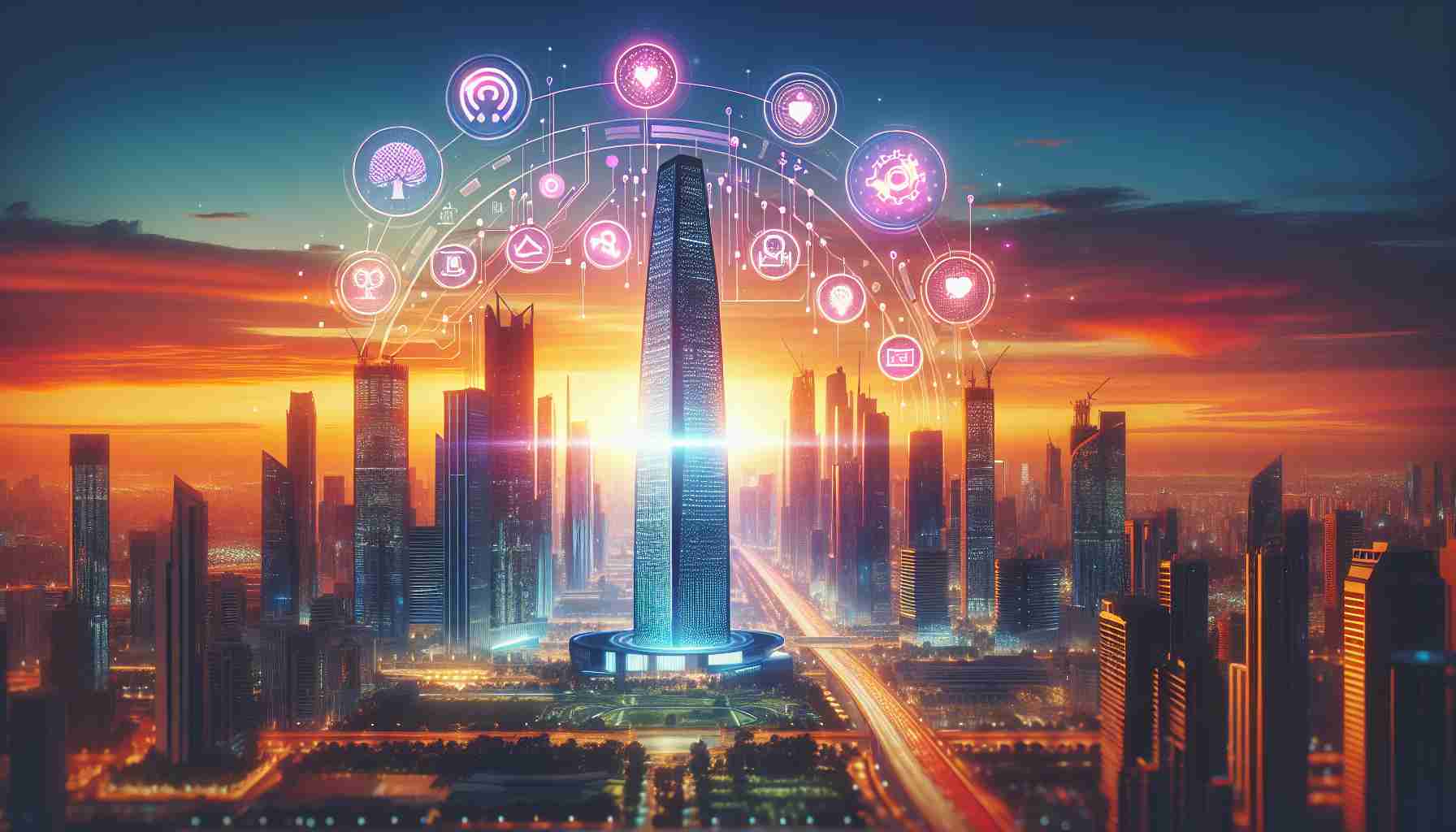 Generate a scene that represents the concept of a futuristic AI company named 'Palantir' reaching new heights, symbolized by a towering skyscraper gleaming amidst a vibrant cityscape at sunset. Surrounding the skyscraper, display various signs and symbols indicating advancement and growth in artificial intelligence. Please ensure the created image is in high definition and appears realistic.